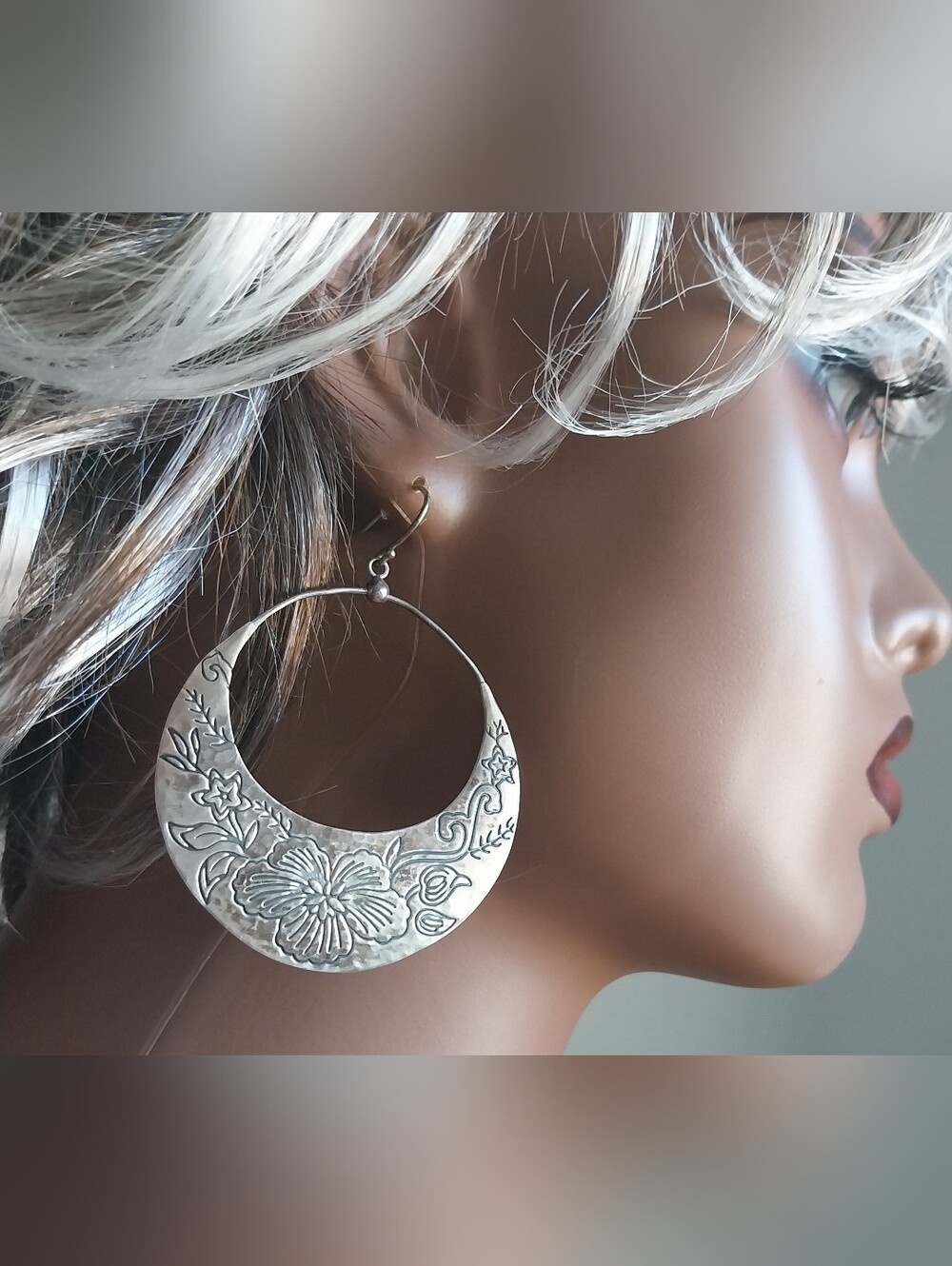 Sterling Silver Floral Crescent Hoop Earrings - Women Jewelry